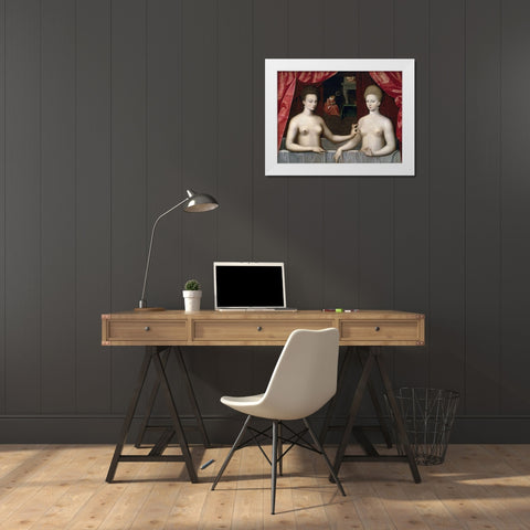 Gabrielle DEstrees and One of Her Sisters White Modern Wood Framed Art Print by School of Fontainebleau