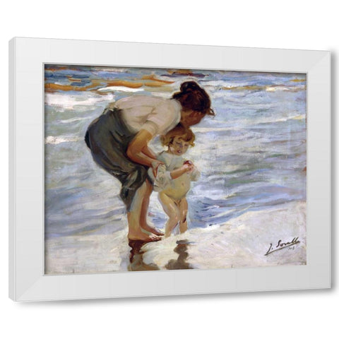 At the Beach - En la Playa White Modern Wood Framed Art Print by Bastida, Joaquin Sorrolla