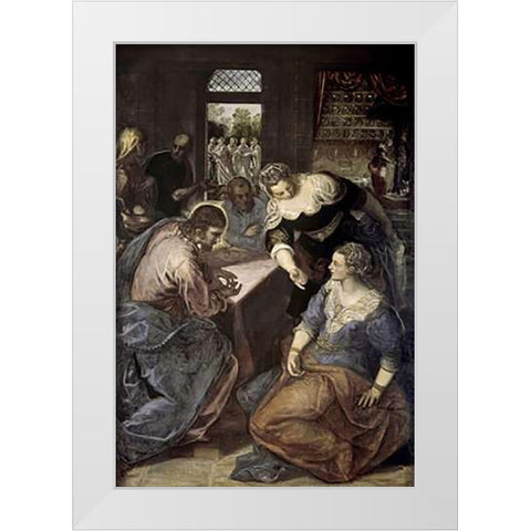 Museumist In The House of Mary and Martha White Modern Wood Framed Art Print by Tintoretto, Jacopo