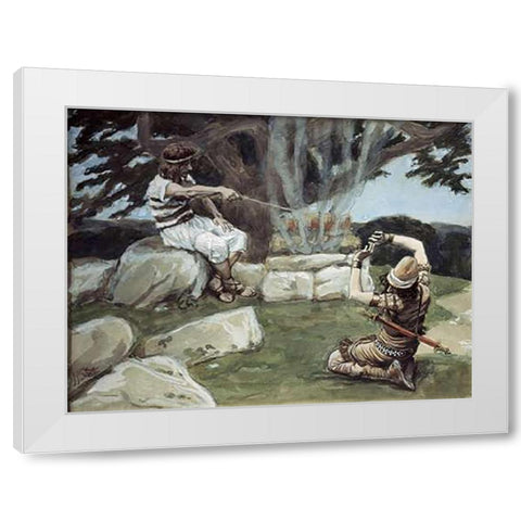 Angel Puts Fire On The Alter of Gideon White Modern Wood Framed Art Print by Tissot, James
