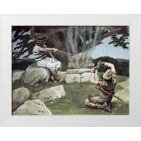 Angel Puts Fire On The Alter of Gideon White Modern Wood Framed Art Print by Tissot, James