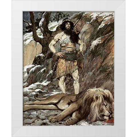 Benaiah, Who Slew The Lion White Modern Wood Framed Art Print by Tissot, James