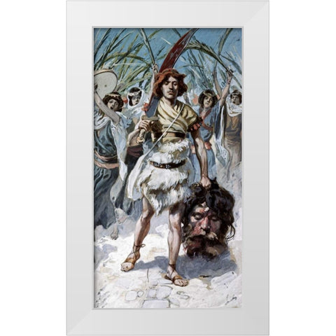 David Takes The Head of Goliath To Jerusalem White Modern Wood Framed Art Print by Tissot, James Jacques