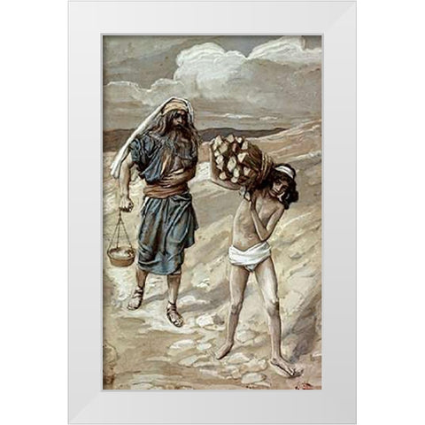 Isaac Bears The Wood For His Sacrifice White Modern Wood Framed Art Print by Tissot, James