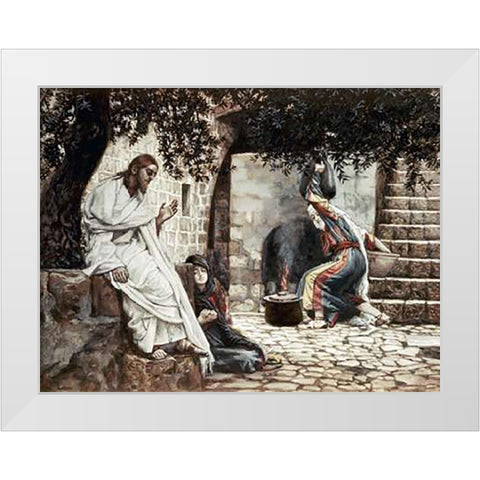 Magdalene at The Feet of Jesus White Modern Wood Framed Art Print by Tissot, James