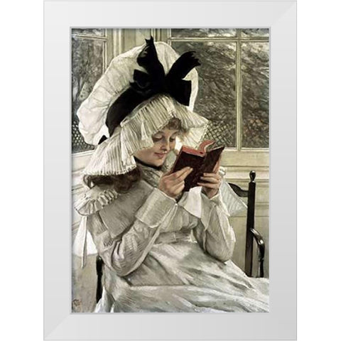 Reading a Book White Modern Wood Framed Art Print by Tissot, James