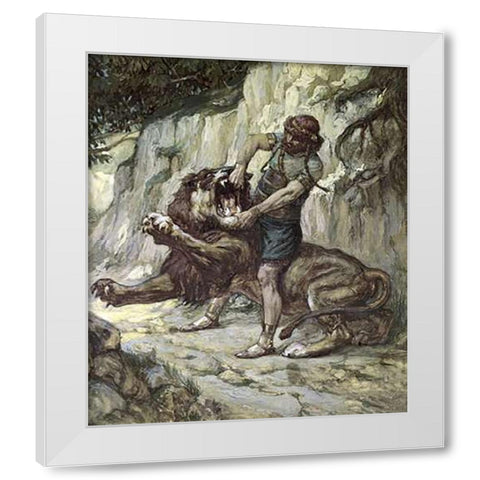 Samson Kills a Young Lion White Modern Wood Framed Art Print by Tissot, James