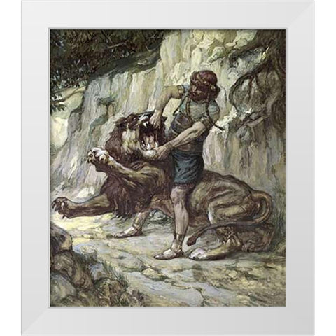 Samson Kills a Young Lion White Modern Wood Framed Art Print by Tissot, James