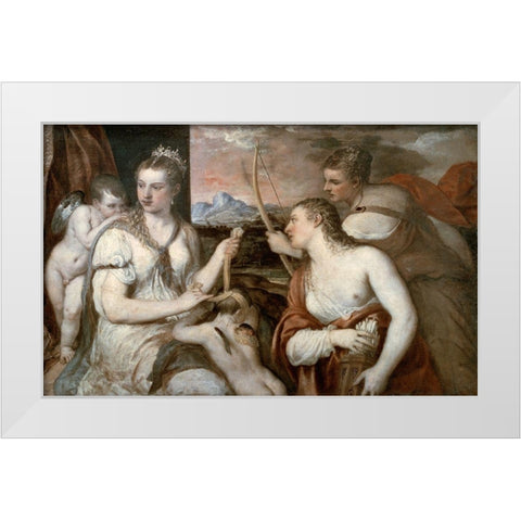 Venus Blindfolding Cupid White Modern Wood Framed Art Print by Titian