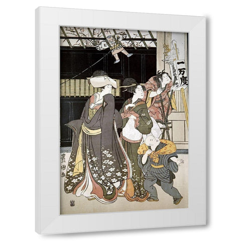 Customs of The Year: New Years, Kite Flying White Modern Wood Framed Art Print by Toyokuni, Utagawa