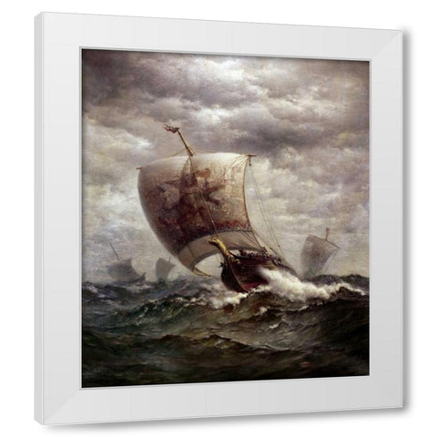 Viking Ships at Sea White Modern Wood Framed Art Print by Tyler, James Gale
