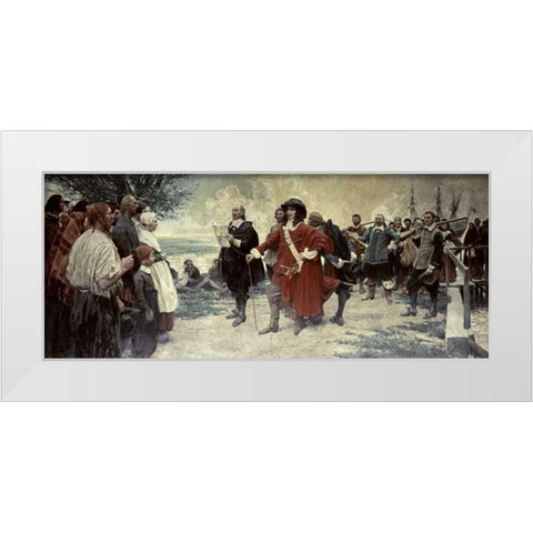 Capt. Philip Carteret Landing In New Jersey White Modern Wood Framed Art Print by Unknown