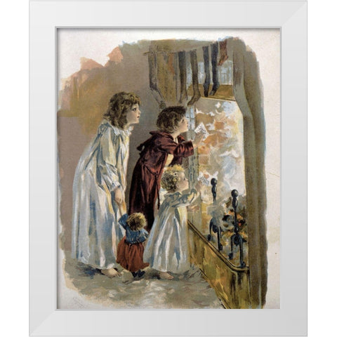 Three Children By Fireplace White Modern Wood Framed Art Print by Unknown