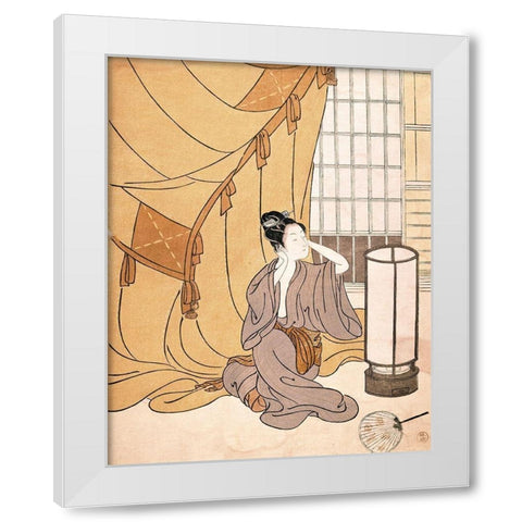 Woman Primping White Modern Wood Framed Art Print by Unknown