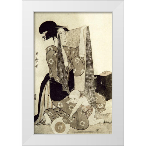 Mother and Child White Modern Wood Framed Art Print by Utamaro, Kitagawa