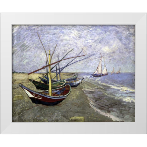 Fishing Boats On The Beachat Saintes-Maries White Modern Wood Framed Art Print by Van Gogh, Vincent