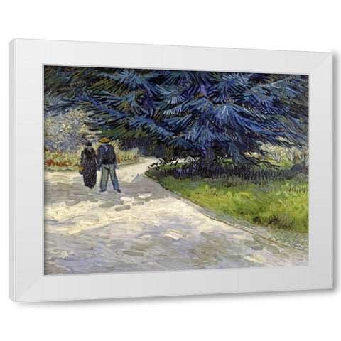 Public Garden with Couple and Blue Fir Tree White Modern Wood Framed Art Print by Van Gogh, Vincent