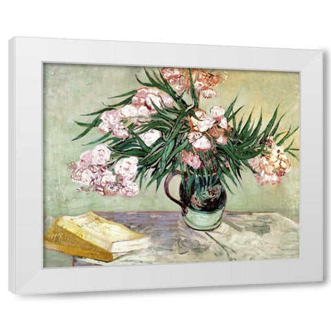 Still Life: Vase with Oleanders and Books White Modern Wood Framed Art Print by Van Gogh, Vincent