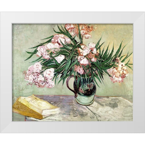 Still Life: Vase with Oleanders and Books White Modern Wood Framed Art Print by Van Gogh, Vincent