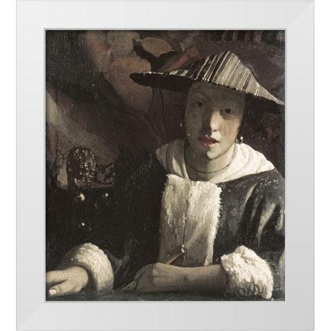 Girl with a Flute White Modern Wood Framed Art Print by Vermeer, Johannes