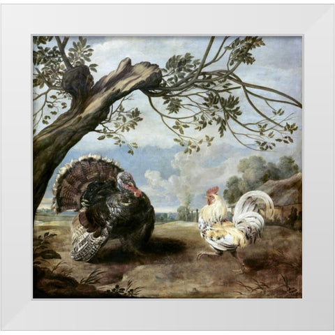 Cock and Turkey White Modern Wood Framed Art Print by De Vos, Paul