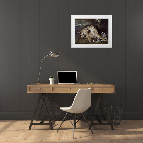 A Lioness and a Heron White Modern Wood Framed Art Print by Ward, James