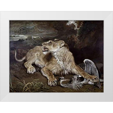 A Lioness and a Heron White Modern Wood Framed Art Print by Ward, James