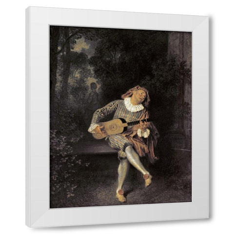 Mezzetin White Modern Wood Framed Art Print by Watteau, Jean-Antoine