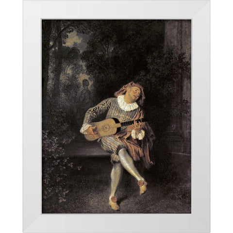Mezzetin White Modern Wood Framed Art Print by Watteau, Jean-Antoine