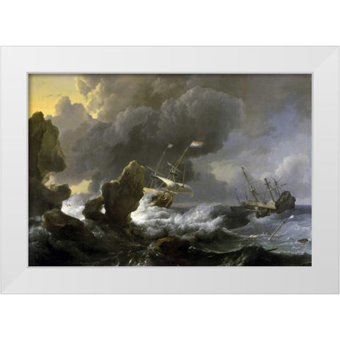 Dutch Merchantmen Driven onto a Rocky Coast in a Storm White Modern Wood Framed Art Print by Backhuysen, Ludolf