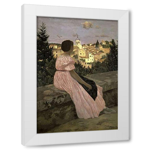 The Pink Dress (View of Castelnau-le-Lez, Herault) White Modern Wood Framed Art Print by Bazille, Frederic