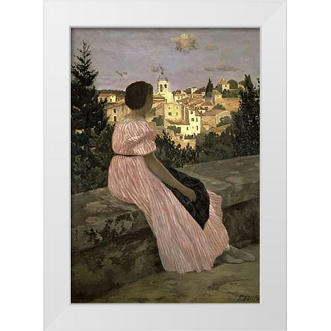 The Pink Dress (View of Castelnau-le-Lez, Herault) White Modern Wood Framed Art Print by Bazille, Frederic