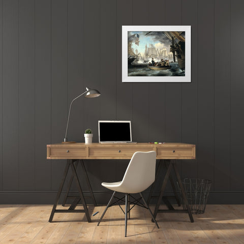 Commodore Perry Leaving the Lawrence for the Niagara White Modern Wood Framed Art Print by Birch, Thomas