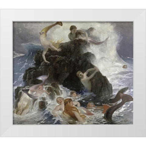 Mermaids at Play White Modern Wood Framed Art Print by Bocklin, Arnold