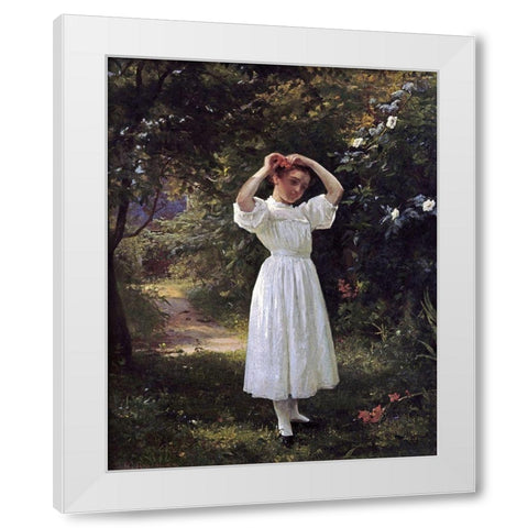The Flower Girl White Modern Wood Framed Art Print by Brown, John George