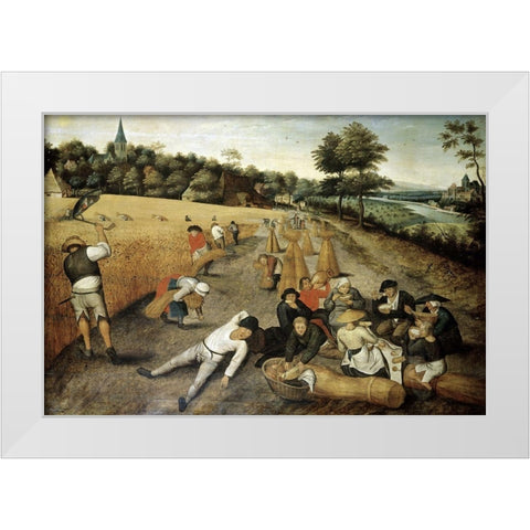 Summer: Harvesters Working and Eating in a Corn Field White Modern Wood Framed Art Print by Bruegel the Elder, Pieter