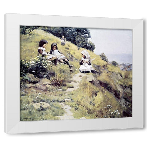 Girls with a Wreath of Flowers White Modern Wood Framed Art Print by Brymner, William