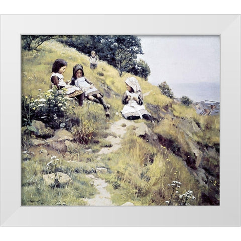 Girls with a Wreath of Flowers White Modern Wood Framed Art Print by Brymner, William