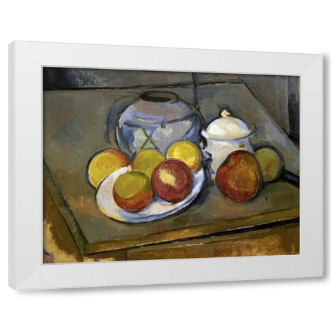 Flawed Vase, Sugar Bowl and Apples White Modern Wood Framed Art Print by Cezanne, Paul