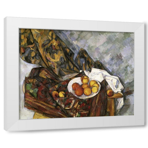 Still Life with Floral Curtain White Modern Wood Framed Art Print by Cezanne, Paul