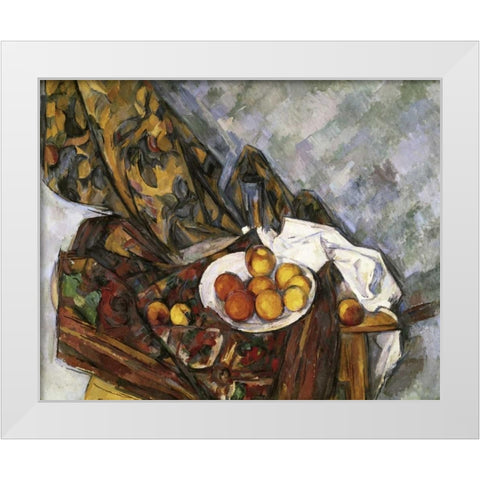 Still Life with Floral Curtain White Modern Wood Framed Art Print by Cezanne, Paul