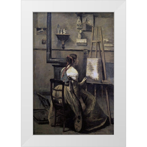 Corots Studio White Modern Wood Framed Art Print by Corot, Jean-Baptiste-Camille