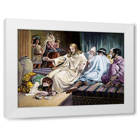 Magdalene Washing Christs Feet White Modern Wood Framed Art Print by Dicksee, Sir Francis