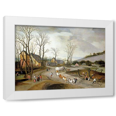 Winter Landscape with Wagon and Peasants at Work White Modern Wood Framed Art Print by Grimmer, Abel