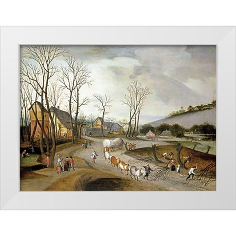 Winter Landscape with Wagon and Peasants at Work White Modern Wood Framed Art Print by Grimmer, Abel