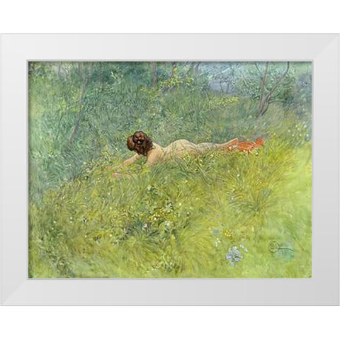 On The Grass White Modern Wood Framed Art Print by Larsson, Carl