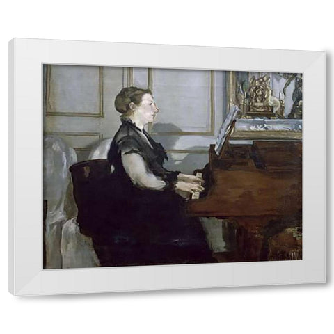 Madame Manet au Piano White Modern Wood Framed Art Print by Manet, Edouard