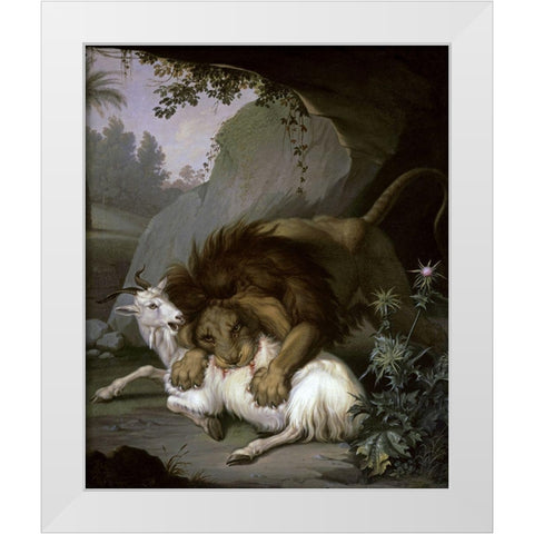 A Lion Attacking a Goat White Modern Wood Framed Art Print by Peter, Wenzel