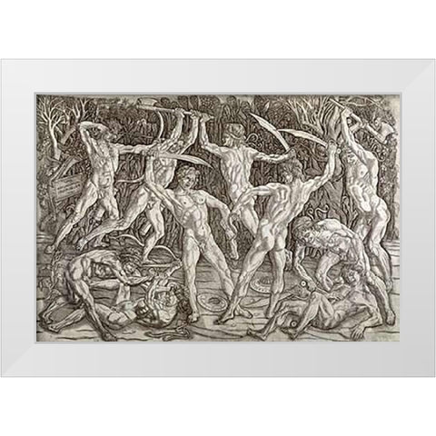 Battle of Ten Naked Men White Modern Wood Framed Art Print by Del Pollaiolo, Antonio