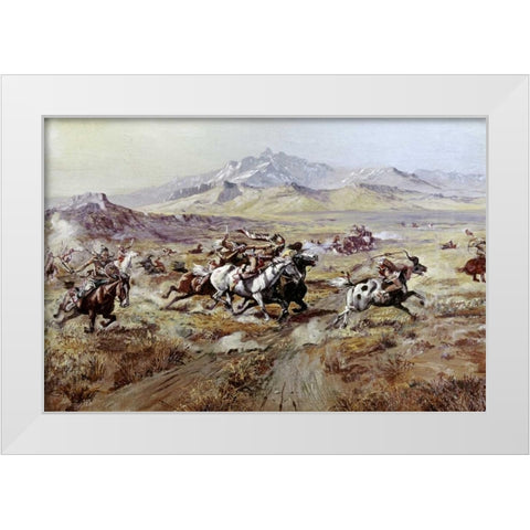 Stagecoach Attack White Modern Wood Framed Art Print by Russell, Charles M.